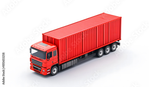 Red Cargo Shipping Container on a Trailer Isolated on a White Background 