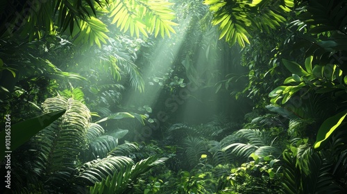 Lush Jungle Wonderland, vibrant vine patterns, diverse wildlife, dense greenery, beams of sunlight, immersive psychedelic atmosphere