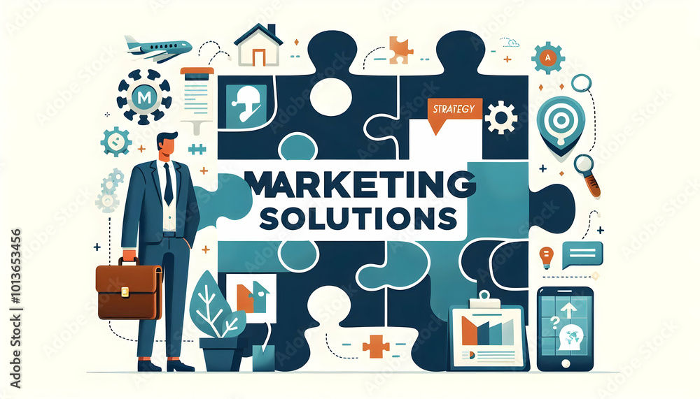 Stylish Flat Vector Illustration of a Sleek Border Frame with Puzzle Piece and Briefcase in Opposite Corners Featuring Marketing Solutions Text and Ample Copy Space for Strategy Content Stylish Flat Vector Illustration of a Sleek Border Frame with Puzzle Piece and Briefcase in Opposite Corners Featuring Marketing Solutions Text and Ample Copy Space for Strategy Content