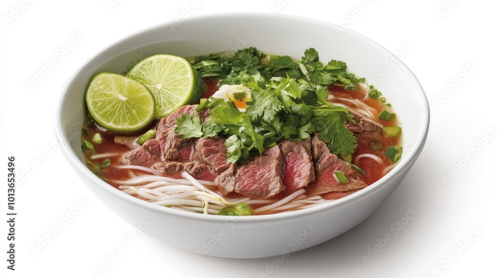A bowl of Vietnamese pho with beef, fresh herbs, and lime wedges, placed on a white background to highlight the rich broth and toppings. A bowl of Vietnamese pho with beef, fresh herbs, and lime wedges, placed on a white background to highlight the rich broth and toppings.