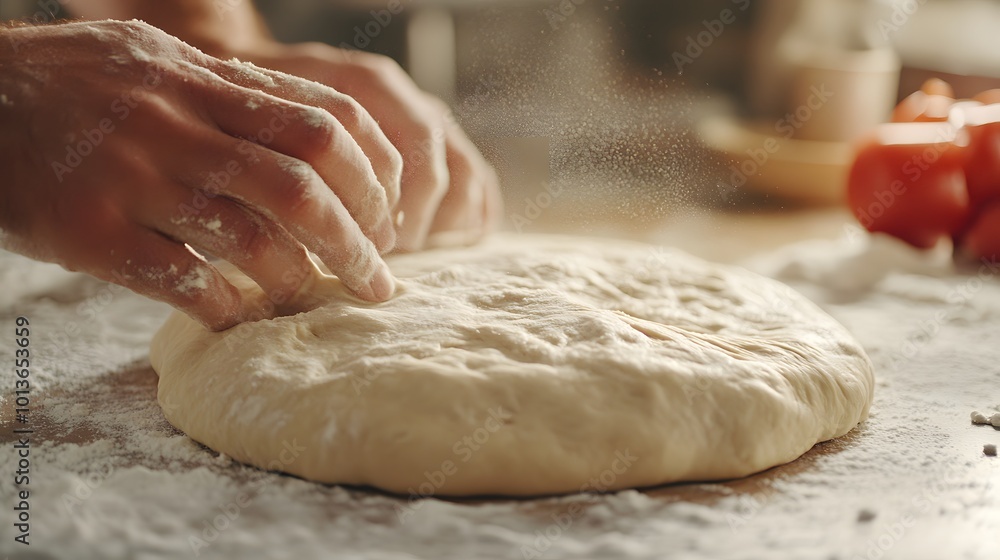 Close-up shots of hands kneading and stretching pizza dough on a floured surface, highlighting the tactile and hands-on nature of the dough preparation process Close-up shots of hands kneading and stretching pizza dough on a floured surface, highlighting the tactile and hands-on nature of the dough preparation process