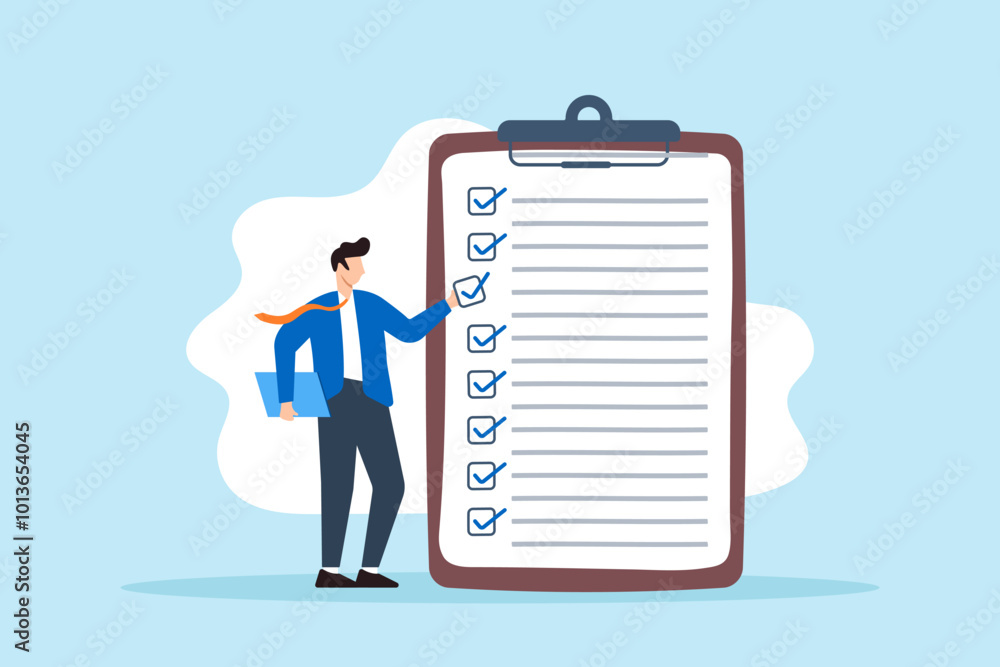 Flat illustration of businessman puts tick on complete checklist on paper clipboard marking task completion Flat illustration of businessman puts tick on complete checklist on paper clipboard marking task completion