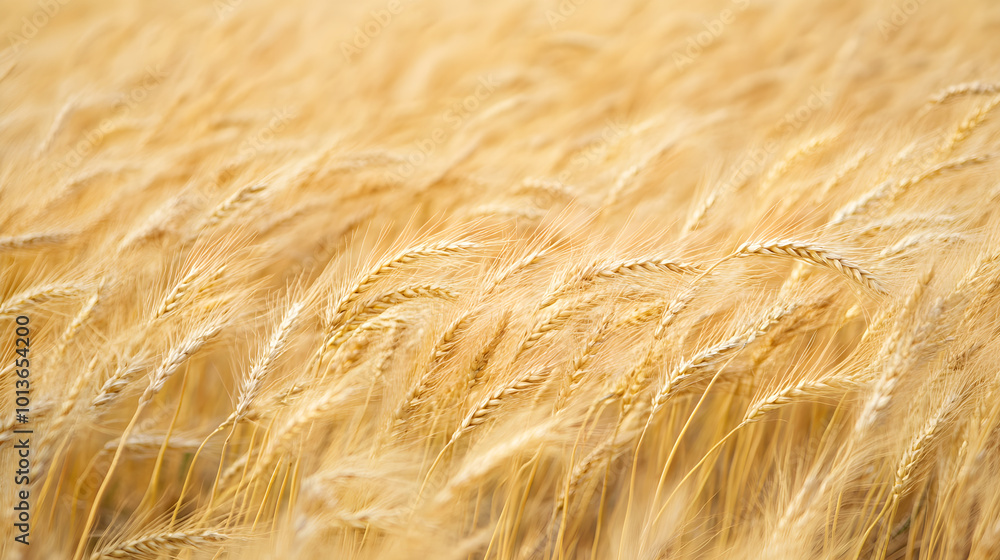 Golden wheat stalks sway gently in breeze, creating serene landscape Golden wheat stalks sway gently in breeze, creating serene landscape