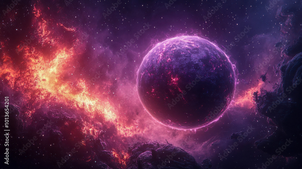 A surreal purple planet with fiery nebulae, glowing with a molten core, set in a distant galaxy A surreal purple planet with fiery nebulae, glowing with a molten core, set in a distant galaxy