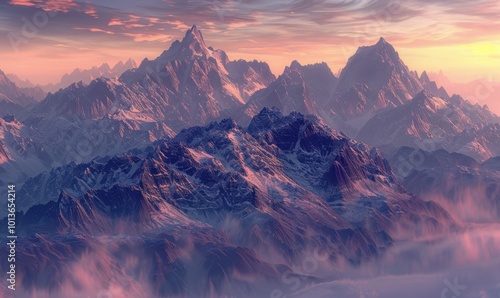 ajestic mountain range bathed in the hues of dawn's first light, 4K hyperrealistic photo photo