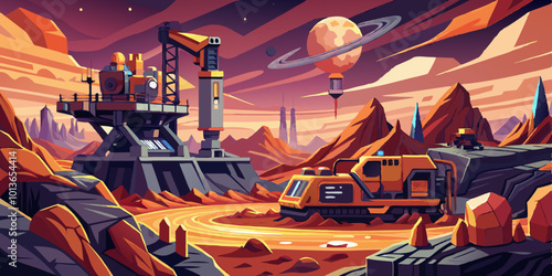 Futuristic Mining Operation on Distant Planet, Advanced Machinery Extracting Resources
