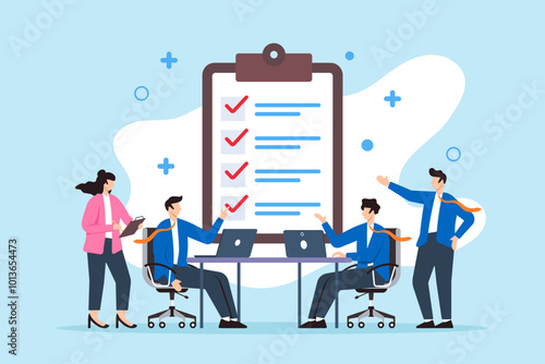 Flat illustration of business people meeting with agenda checklist discussing strategy and teamwork planning
