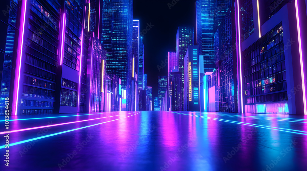 Futuristic city street with vibrant neon lights and modern architecture