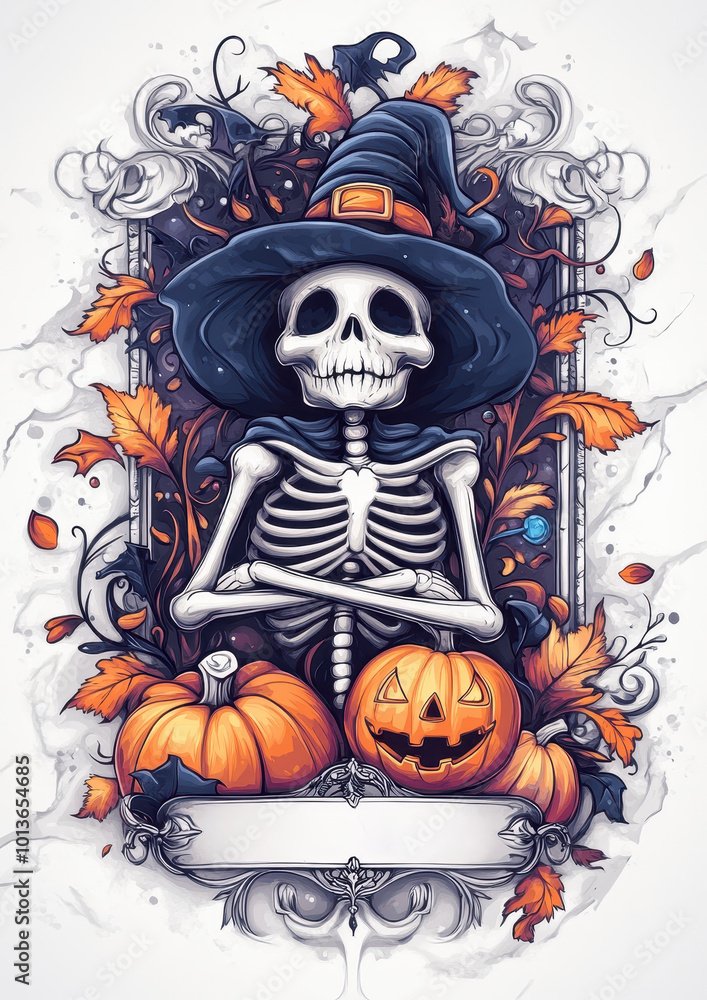 Skeleton in a witch hat with pumpkins, Halloween art. Skeleton in a witch hat with pumpkins, Halloween art.
