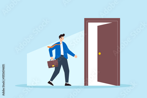 Flat illustration of businessman leaves through open door symbolizing career transition to new opportunity