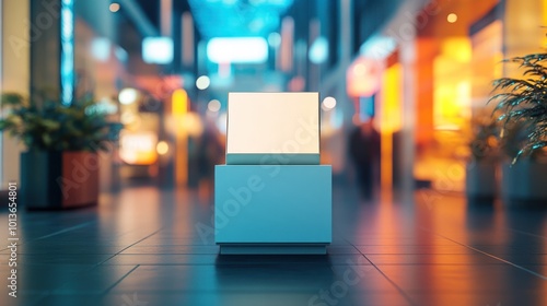 A minimalist display in a modern shopping mall featuring a glowing cube on a pedestal.