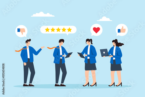 Flat illustration of business people giving feedback and communicating opinions through customer service quality survey