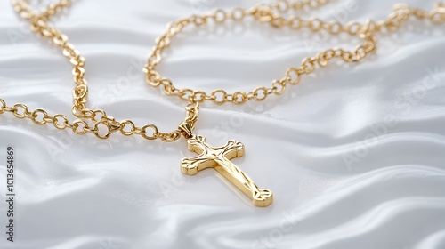 Close up of a gold cross necklace resting on soft white fabric. photo