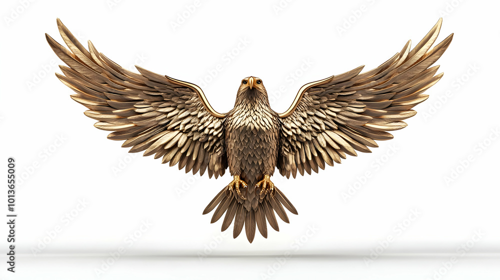Obraz premium 3D Stars and eagle emblem suspended mid air concept as An inspiring image of stars and an eagle emblem suspended mid air isolated on a white background. The elements symbolize freedom and the honor of