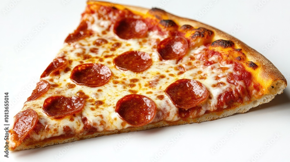 A delicious slice of pepperoni pizza with melted cheese, resting on a white background, capturing the essence of comfort food. A delicious slice of pepperoni pizza with melted cheese, resting on a white background, capturing the essence of comfort food.