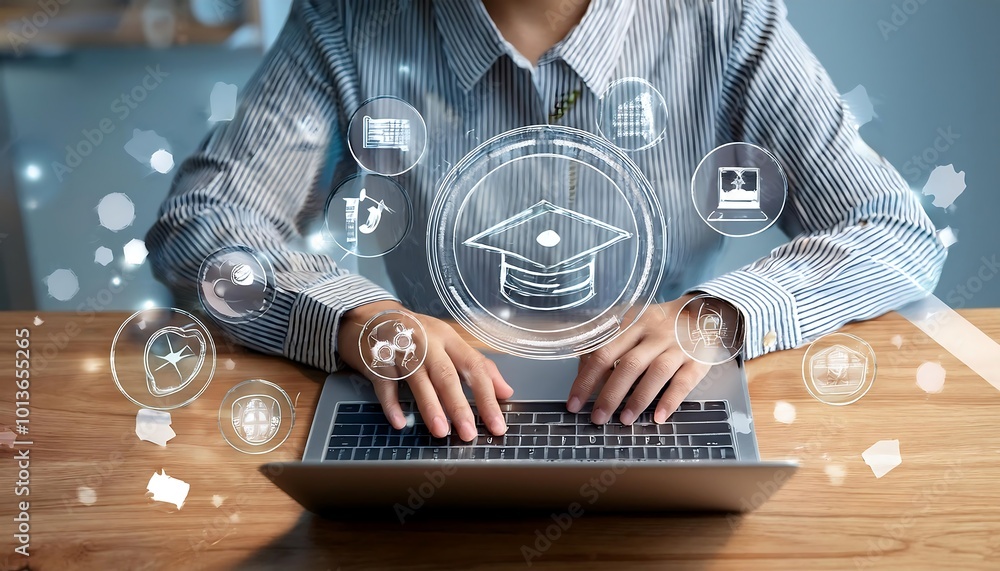 © MRSUTIN - The hands typing on a laptop are surrounded by educational icons, representing the diverse world of online courses and resources.