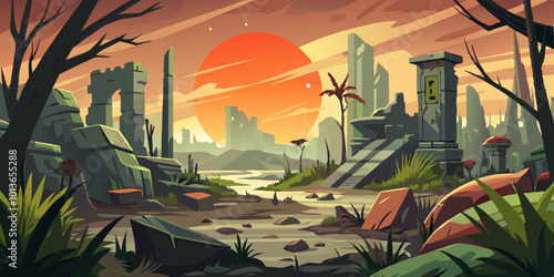 Post-Apocalyptic Landscape with Alien Vegetation and a Dying Sun
