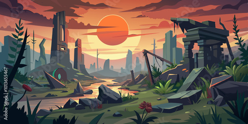 Post-Apocalyptic Landscape with Alien Vegetation and a Dying Sun
