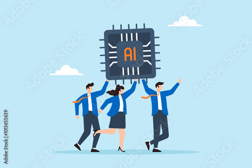 Flat illustration of business people carry AI processing chip embracing artificial intelligence for work success