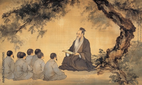 A teacher with students in a traditional setting. photo