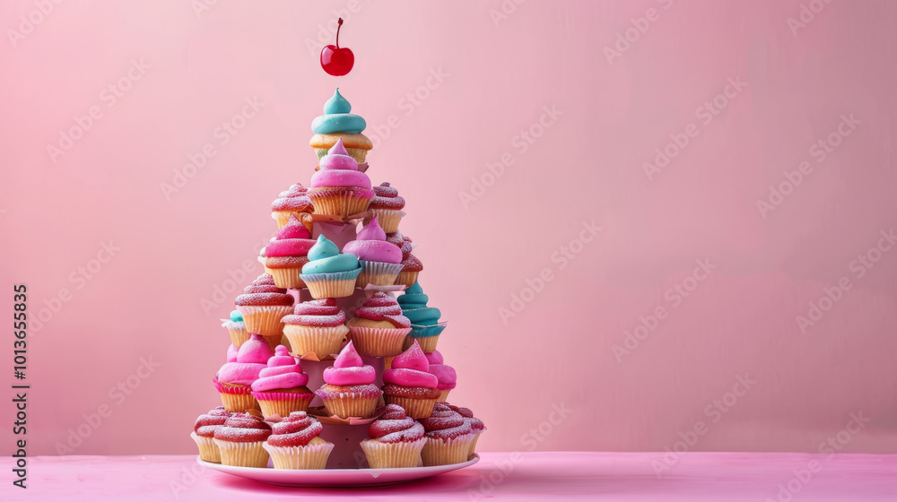 vibrant Christmas tree constructed entirely from colorful cupcakes, topped with a cherry, set against a pastel backdrop, perfect for a bakery's holiday promotion vibrant Christmas tree constructed entirely from colorful cupcakes, topped with a cherry, set against a pastel backdrop, perfect for a bakery's holiday promotion