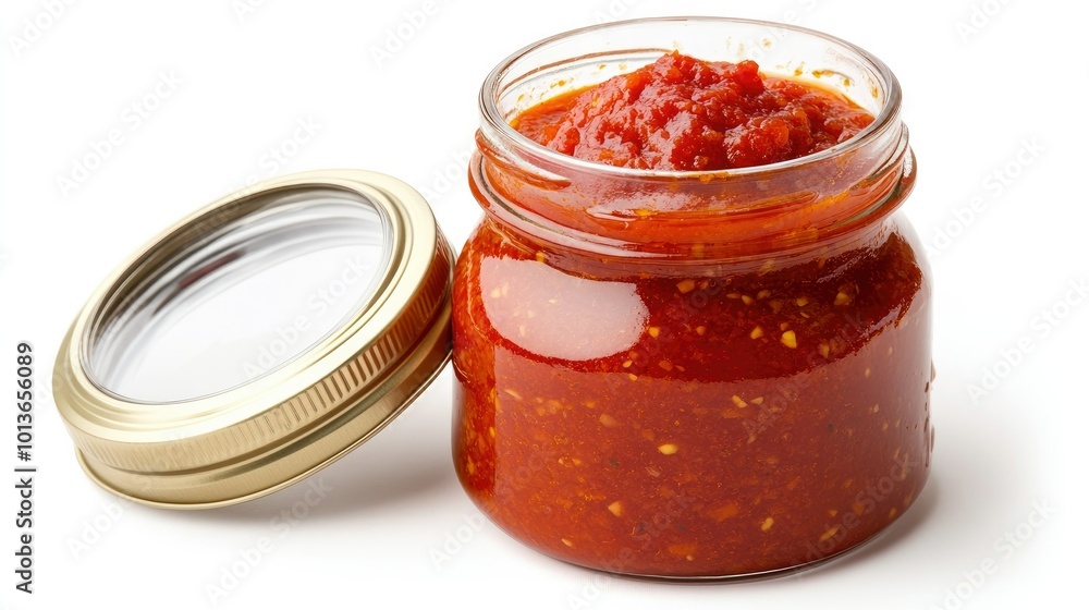 A jar of bright red tomato sauce with the lid off, showcasing the rich texture, placed on a clean white background. A jar of bright red tomato sauce with the lid off, showcasing the rich texture, placed on a clean white background.