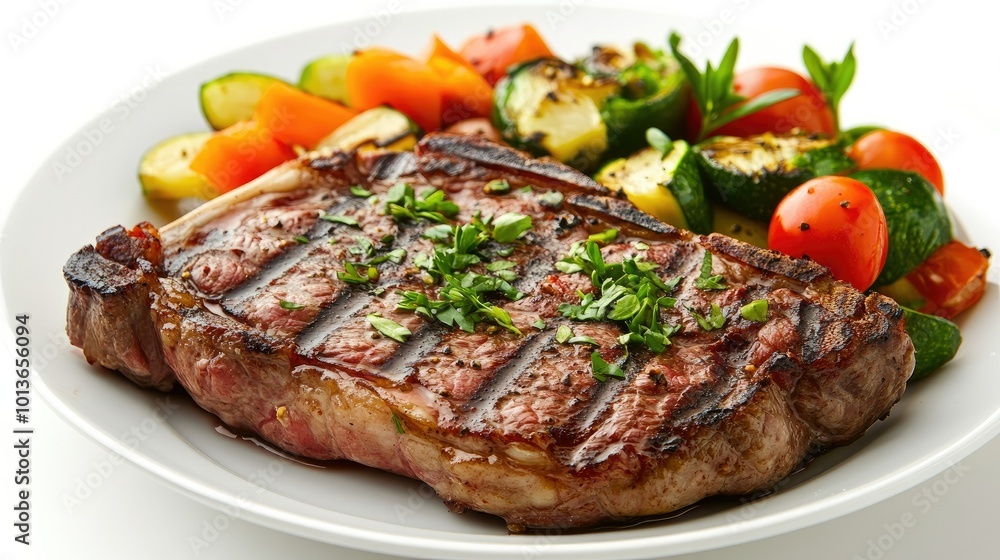 A juicy grilled steak with herbs and a side of vegetables, resting on a white plate with a clean white background, showcasing a classic meal. A juicy grilled steak with herbs and a side of vegetables, resting on a white plate with a clean white background, showcasing a classic meal.