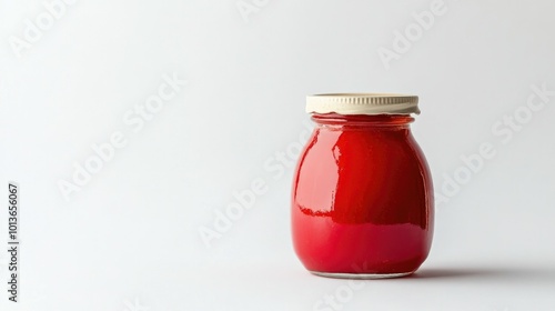 A jar of bright red tomato sauce with the lid off, showcasing the rich texture, placed on a clean white background.