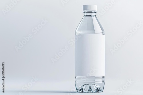 Close-up of a 3D PET water bottle with a full blank sleeve label, minimalistic design, clear bottle texture, placed on a neutral background, PET water bottle, sleeve label design