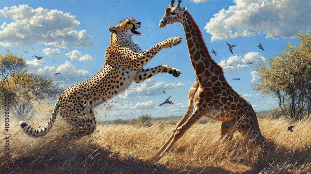 Fototapeta premium A Cheetah Leaping at a Giraffe in a Savanna Setting
