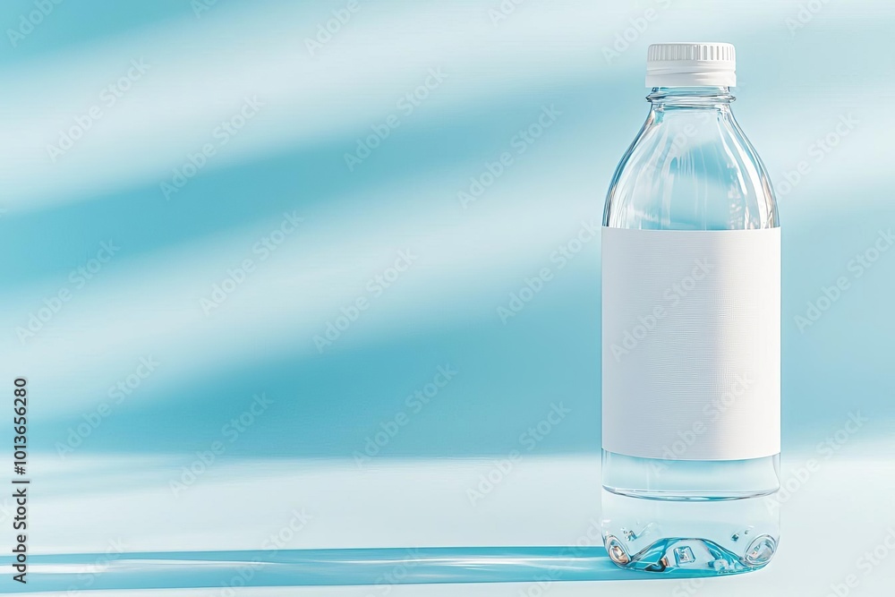 PET water bottle with a blank sleeve label, standing upright, soft natural light creating smooth shadows, isolated on a bright studio background, water bottle, sleeve label mockup