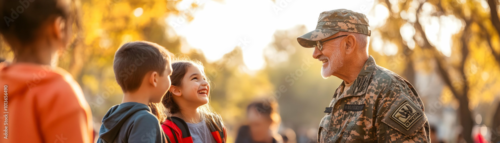 Candid Photograph of Veterans and Children Interacting During a Heartwarming Veterans Day Event - Authentic Moments Captured Between Generations Candid Photograph of Veterans and Children Interacting During a Heartwarming Veterans Day Event - Authentic Moments Captured Between Generations
