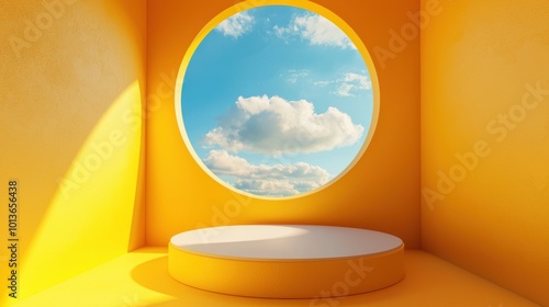 Circular Window with Bright Sky and Clouds in Minimalist Orange Room