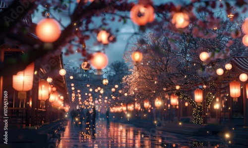 Lantern festival amidst cherry blossoms, 4K hyperrealistic photo