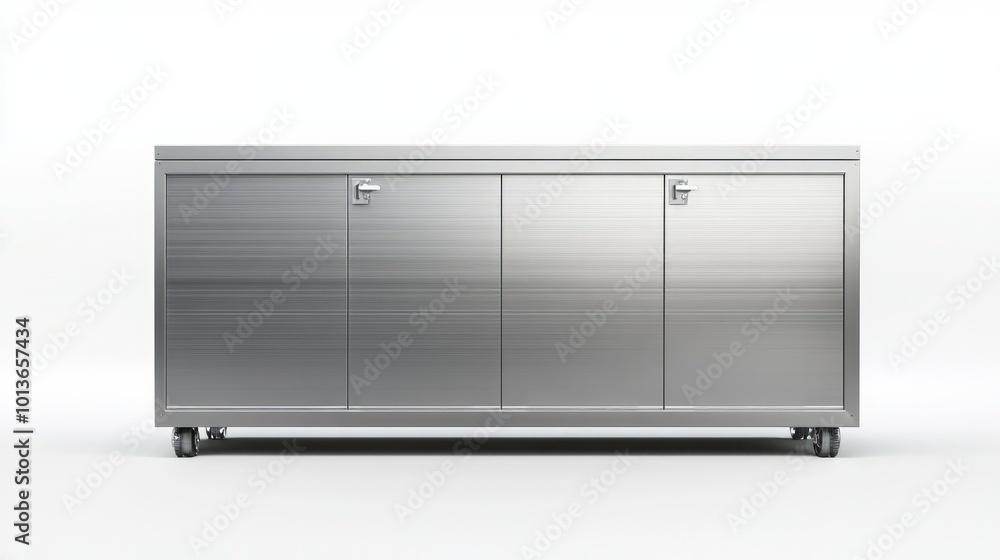 A modern, sleek metal container cabinet with smooth lines, isolated on a white background, perfect for storage or office design concepts. A modern, sleek metal container cabinet with smooth lines, isolated on a white background, perfect for storage or office design concepts.