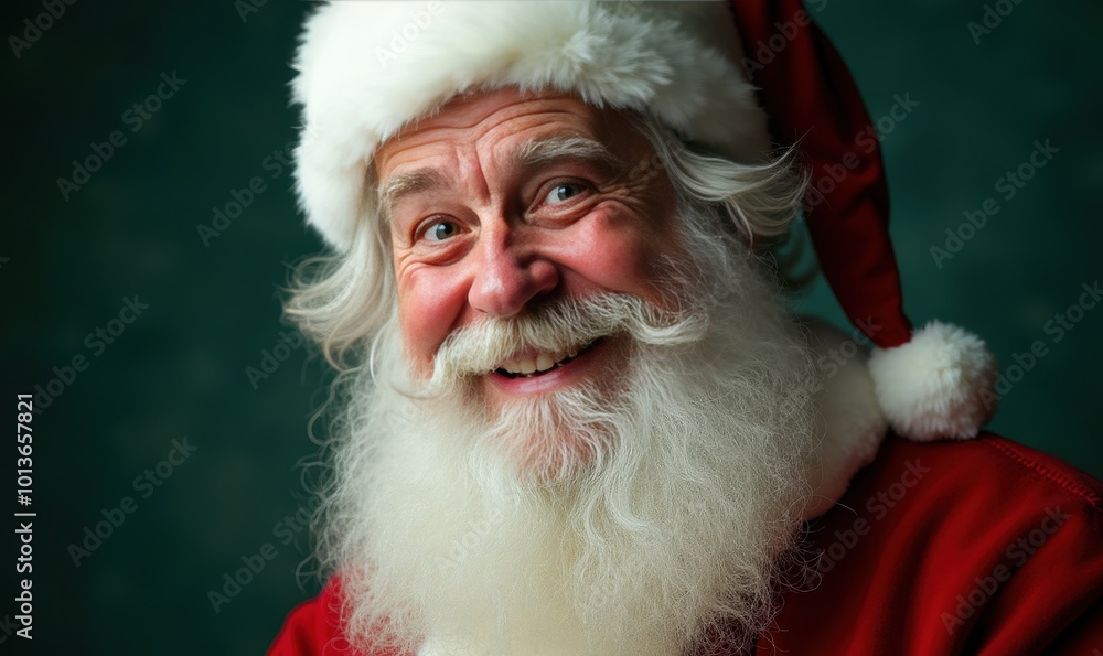 Santa Claus smiling with wide eyes and rosy cheeks on a dark green background ideal for eye-catching holiday sale ads and Christmas season promotions Watercolor style. Santa Claus smiling with wide eyes and rosy cheeks on a dark green background ideal for eye-catching holiday sale ads and Christmas season promotions Watercolor style.