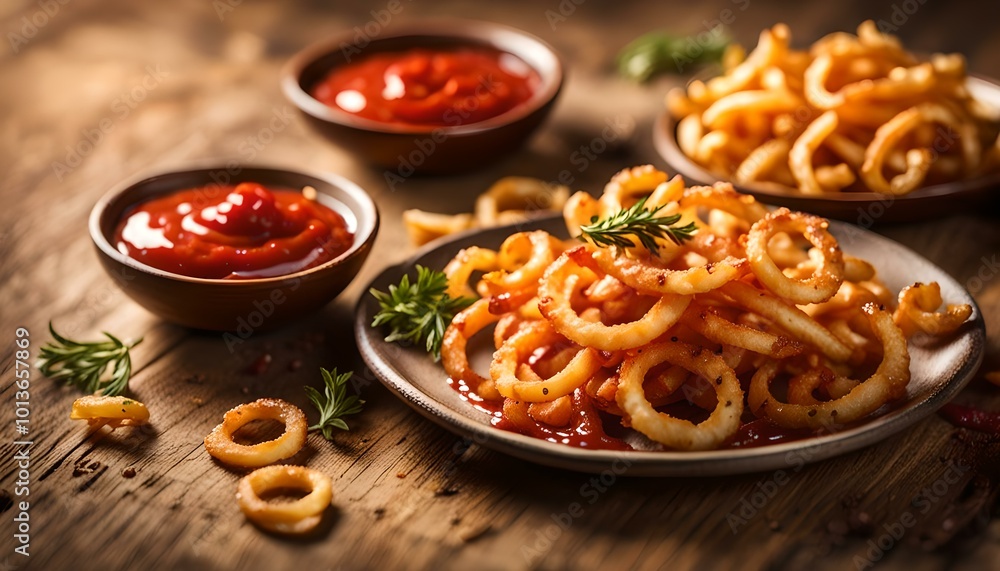 Golden Curly Fries with ketchup on rustic plate
Golden Curly Fries with ketchup on rustic plate
