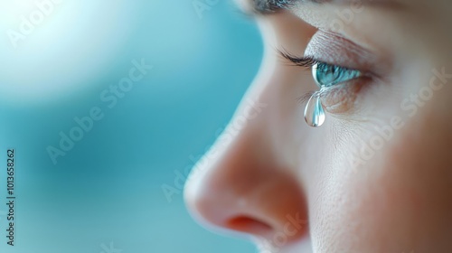 Emotional tear drop in slow motion falling from a person's face, symbolizing a breakthrough in trauma counseling, emotional release, trauma therapy photo