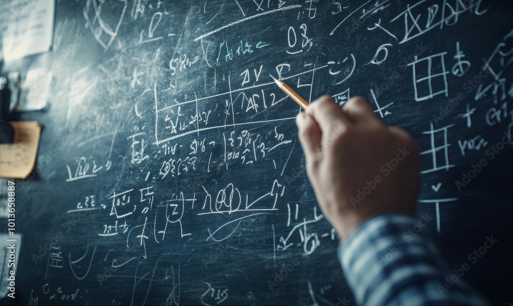 Person writing equations on chalkboard. Person writing equations on chalkboard.