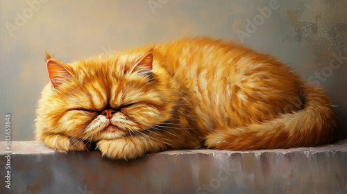 A fluffy orange Persian cat with a snub face is sleeping on a surface. The image is created in an oil painting style with soft textures and warm tones photo