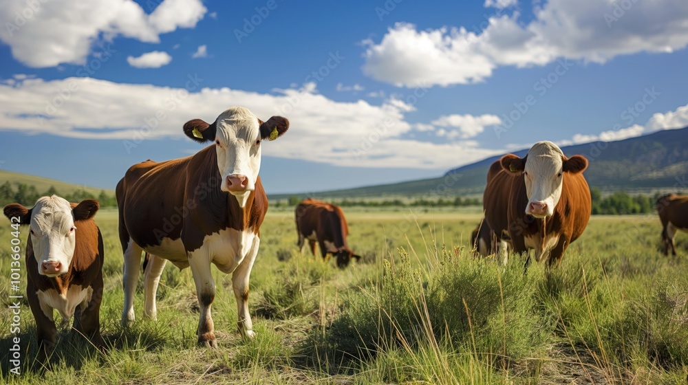 Brown and white cattle graze in a green field. Peaceful cows stand and lie down. Lush grass and majestic mountains in the distance. Clear blue sky with fluffy white clouds. Brown and white cattle graze in a green field. Peaceful cows stand and lie down. Lush grass and majestic mountains in the distance. Clear blue sky with fluffy white clouds.