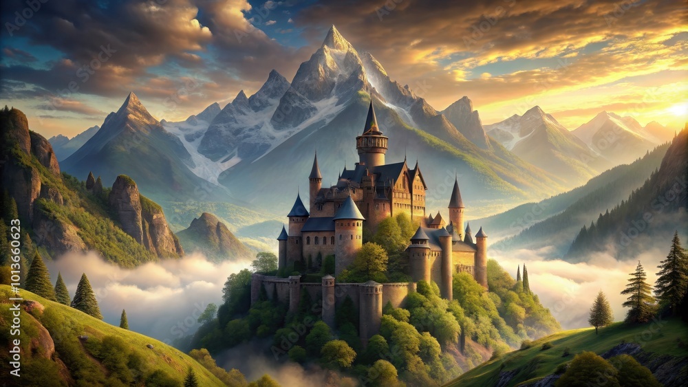 Fantasy castle nestled in a picturesque landscape of high mountains, fantasy, castle, landscape, mountains, majestic Fantasy castle nestled in a picturesque landscape of high mountains, fantasy, castle, landscape, mountains, majestic