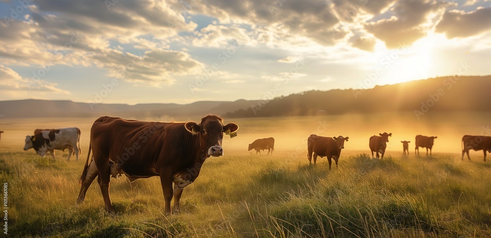 Group of cows graze in verdant field with rich green grass. Eight cattle, four brown and four black and white, stand and lie down in field. Peaceful scene with clear blue sky and fluffy white clouds. Group of cows graze in verdant field with rich green grass. Eight cattle, four brown and four black and white, stand and lie down in field. Peaceful scene with clear blue sky and fluffy white clouds.