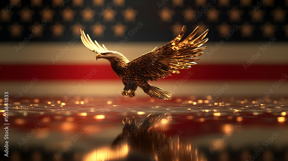 3D Glossy American flag and eagle emblem over a reflective surface ...