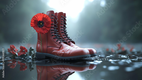 3D Glossy poppy and military boots over a reflective background concept as A solemn background featuring a glossy poppy placed beside military boots on a reflective surface. The scene represents remem photo