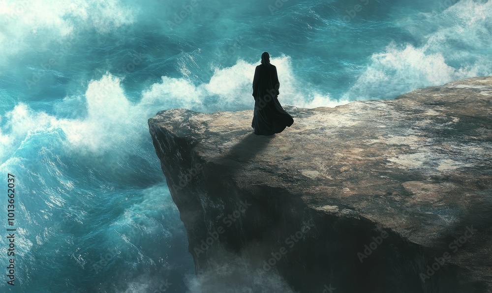 A robed figure stands on a cliff edge overlooking a A robed figure stands on a cliff edge overlooking a
