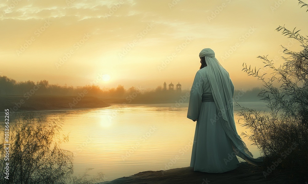 Man in white robes by water at sunrise. Man in white robes by water at sunrise.
