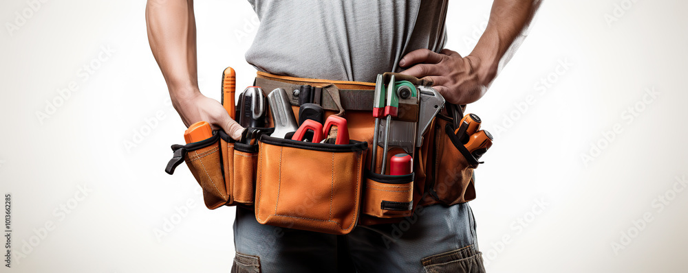 A worker wearing a tool belt filled with essential tools A worker wearing a tool belt filled with essential tools