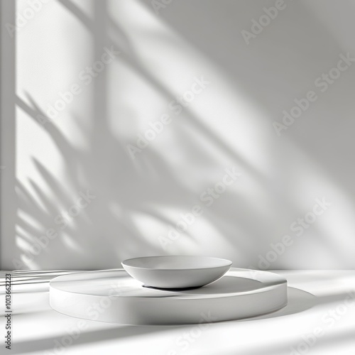 3d render of white podium for product presentation with shadows on the wall3d render of white podium for product presentation with shadow on the wallWhite podium on white background with shadow from t photo