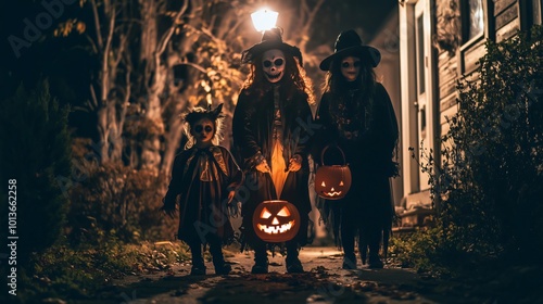 Three kids wearing scary costumes holding pumpkins trick or treating on halloween night